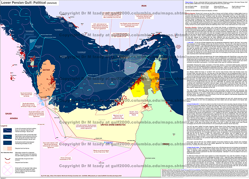 Political map of the Lower Persian Gulf: Iran on the north shore; UAE (emirates colour-coded), Qatar, Bahrain, Saudi Arabia, and Oman/Musandam to the south and west. Overlays mark 12-nm territorial seas, 200-nm EEZ arcs, alternative and disputed lines, jointly administered zones, and traffic separation lanes. Islands and shoals are ringed by circular jurisdiction markers; the Strait of Hormuz carries multilane routing. Red clusters highlight coastal cities and ports. Annotation panels summarise island sovereignty, maritime boundary disputes (e.g., UAE–Saudi Arabia, Qatar–Bahrain), and administrative notes. The sheet is Prof. Dr. Mehrdad R. Izady’s “Lower Persian Gulf: Political (detailed).”